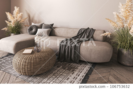 Boho beige livingroom with dry palm plant and wicker table view background. Light modern japanese nature interior. 3d rendering. High quality 3d illustration 106753632