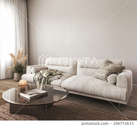 Boho beige livingroom with dry grass plant background. Light modern japanese nature interior. 3d rendering. High quality 3d illustration 106753633