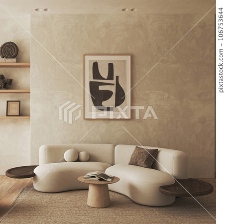 Boho beige livingroom with one picture and sofa background. Light modern farmhouse nature interior. 3d rendering. High quality 3d illustration 106753644