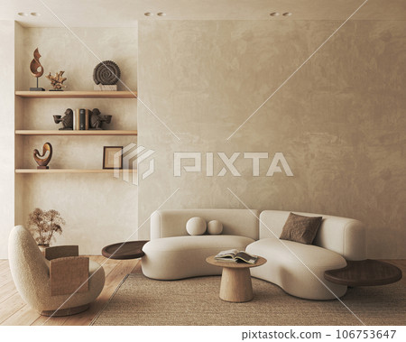 Boho beige livingroom with armchair and sofa background. Light modern farmhouse nature interior. 3d rendering. High quality 3d illustration Boho beige livingroom with armchair and sofa background. Light modern farmhouse nature interior. 3d rendering. High quality 3d illustration 106753647