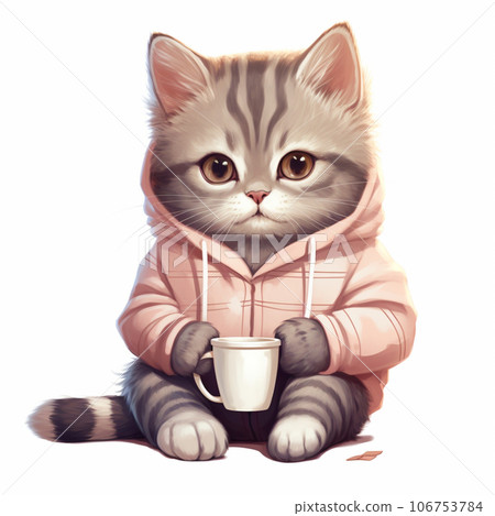 cat with hot coffee, milk in winter season 106753784