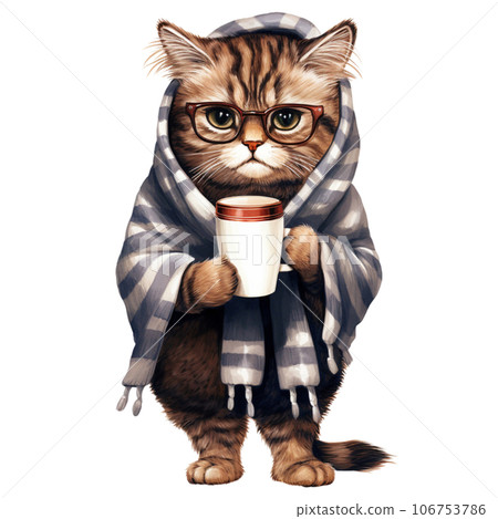 cat with hot coffee, milk in winter season 106753786