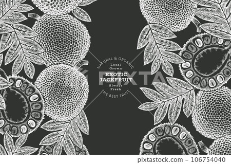 Hand drawn sketch style jackfruit banner. Organic fresh fruit vector illustration on chalk board. Retro breadfruit design template Hand drawn sketch style jackfruit banner. Organic fresh fruit vector illustration on chalk board. Retro breadfruit design template 106754040