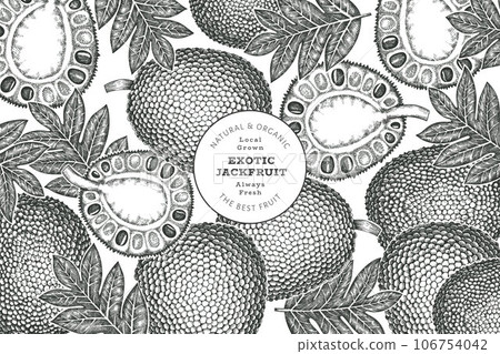 Hand drawn sketch style jackfruit banner. Organic fresh fruit vector illustration. Retro breadfruit design template Hand drawn sketch style jackfruit banner. Organic fresh fruit vector illustration. Retro breadfruit design template 106754042