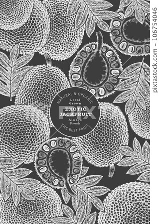 Hand drawn sketch style jackfruit banner. Organic fresh fruit vector illustration on chalk board. Retro breadfruit design template Hand drawn sketch style jackfruit banner. Organic fresh fruit vector illustration on chalk board. Retro breadfruit design template 106754046