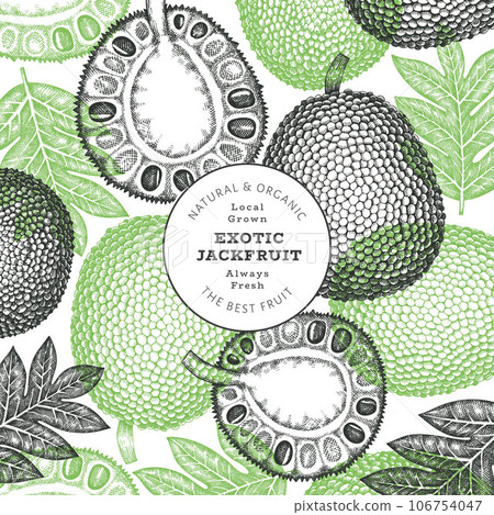 Hand drawn sketch style jackfruit banner. Organic fresh fruit vector illustration. Retro breadfruit design template Hand drawn sketch style jackfruit banner. Organic fresh fruit vector illustration. Retro breadfruit design template 106754047