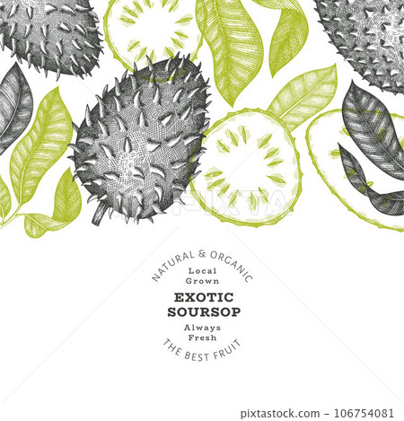 Hand drawn sketch style soursop fruit banner. Organic fresh fruit vector illustration. Retro guanabana design template Hand drawn sketch style soursop fruit banner. Organic fresh fruit vector illustration. Retro guanabana design template 106754081