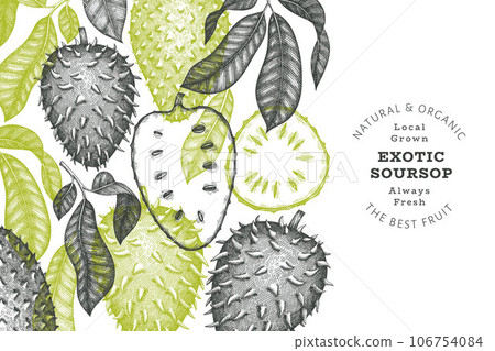 Hand drawn sketch style soursop fruit banner. Organic fresh fruit vector illustration. Retro guanabana design template Hand drawn sketch style soursop fruit banner. Organic fresh fruit vector illustration. Retro guanabana design template 106754084