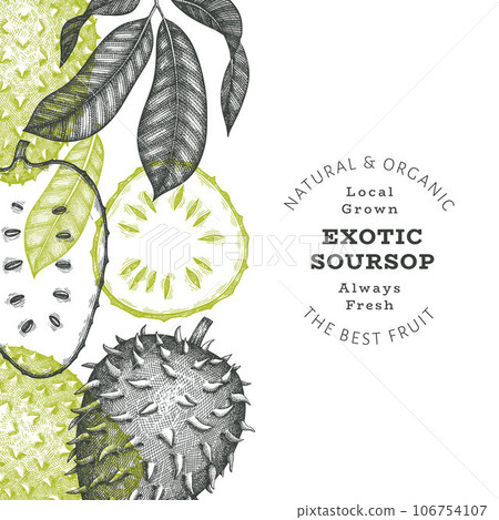 Hand drawn sketch style soursop fruit banner. Organic fresh fruit vector illustration. Retro guanabana design template Hand drawn sketch style soursop fruit banner. Organic fresh fruit vector illustration. Retro guanabana design template 106754107