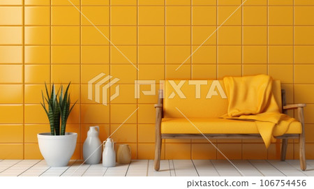 Yellow chair and potted plant in front of a wall with tiled floor, AI 106754456