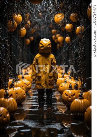 A child in a raincoat walking through a halloween maze, AI A child in a raincoat walking through a halloween maze, AI 106754475