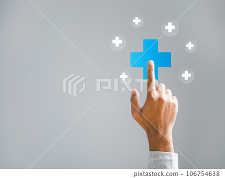 Health, medicine, and insurance ensure family business. Hand touches plus icon, directing attention to healthcare reach. Showcases hospital access and welfare health service growth. Health, medicine, and insurance ensure family business. Hand touches plus icon, directing attention to healthcare reach. Showcases hospital access and welfare health service growth. 106754638
