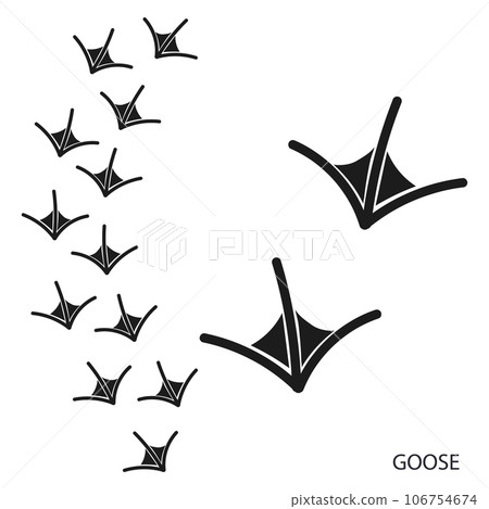 Paw prints, animal tracks, goose footprints pattern. Icon and track of footprints. Black silhouette. Vector 106754674