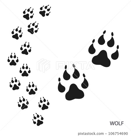 Paw prints, animal tracks, wolf footprints pattern. Icon and track of footprints. Black silhouette. Vector Paw prints, animal tracks, wolf footprints pattern. Icon and track of footprints. Black silhouette. Vector 106754690