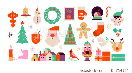 Merry Christmas cute modern minimalist style elements, illustrations collection. Santa, Christmas 106754915