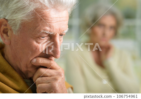 Portrait of stressed businessman touching his head 106754961