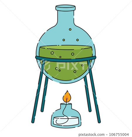 Stand with laboratory flask and glass alcohol burner. Set for chemical experiments with liquid heating Stand with laboratory flask and glass alcohol burner. Set for chemical experiments with liquid heating 106755004