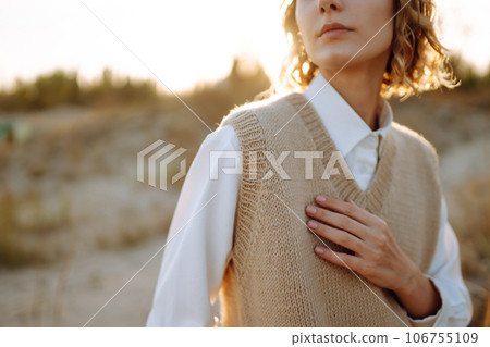 Portrait of elegant, luxury woman posing in nature. People, lifestyle, relaxation concept. 106755109