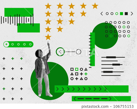 Woman points to five stars as customer reviews. Abstract collage. Woman points to five stars as customer reviews. Abstract collage. 106755153