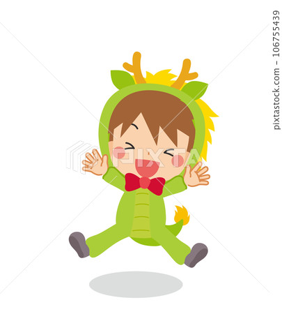 一個可愛的小男孩穿著龍服裝跳躍的插圖,白色背景,全身,矢量 一個可愛的小男孩穿著龍服裝跳躍的插圖,白色背景,全身,矢量 106755439