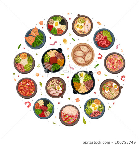Korean Food Tasty Dish Round Composition Design Vector Template Korean Food Tasty Dish Round Composition Design Vector Template 106755749
