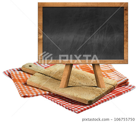 Old Wood Cutting Board and Empty Blackboard Isolated on White Background Old Wood Cutting Board and Empty Blackboard Isolated on White Background 106755750