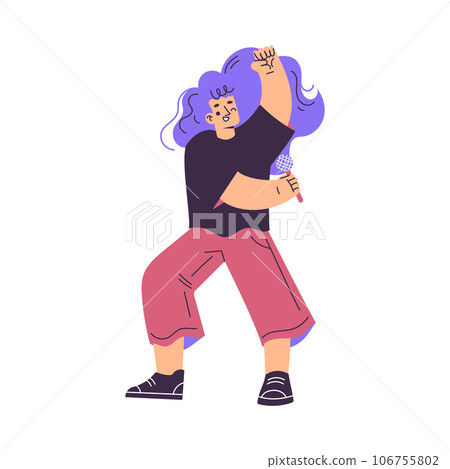 Little Girl with Purple Hair Singing in Rock Band with Microphone Vector Illustration Little Girl with Purple Hair Singing in Rock Band with Microphone Vector Illustration 106755802