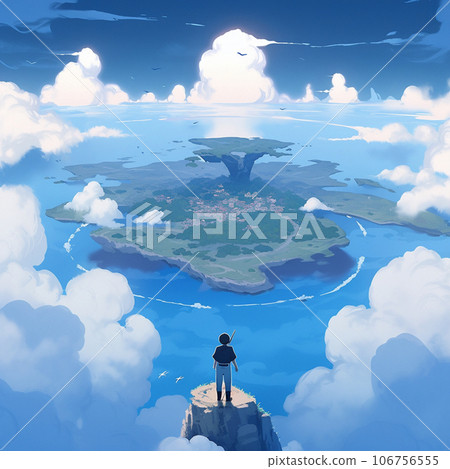[AI生成圖像] 一個人在雲端行走，看著遠處的神秘島嶼 106756555