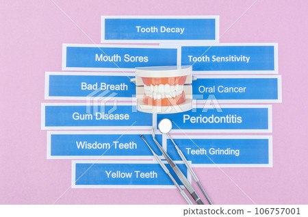 The Dentures model with dental disease on pink color background. 106757001