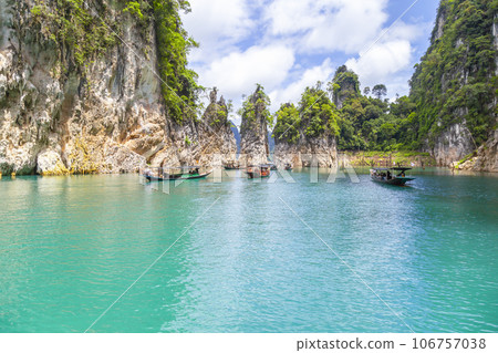 Longtail Boat in Ratchaprapha Dam Khao Sok National Park in Thailand. 106757038