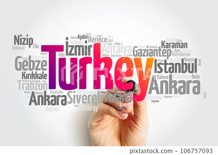 List of cities in Turkey, map silhouette word cloud, business and travel concept background List of cities in Turkey, map silhouette word cloud, business and travel concept background 106757093