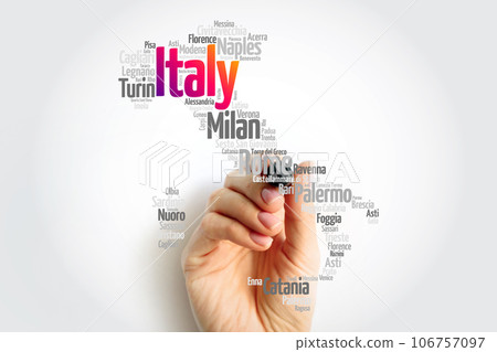 List of cities in Italy, map silhouette word cloud, travel concept background List of cities in Italy, map silhouette word cloud, travel concept background 106757097