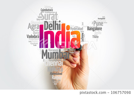 List of cities in India, map silhouette word cloud, business and travel concept background 106757098