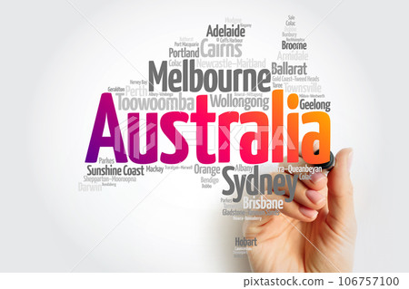 List of cities and towns in Australia, map word cloud, business and travel concept background 106757100