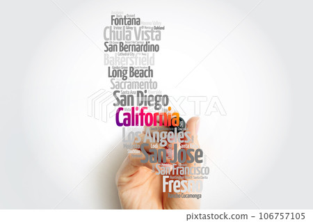 List of cities in California USA state, map silhouette word cloud map concept List of cities in California USA state, map silhouette word cloud map concept 106757105