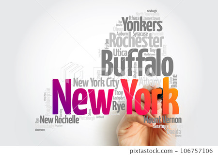 List of cities in New York USA state, map silhouette word cloud map concept 106757106