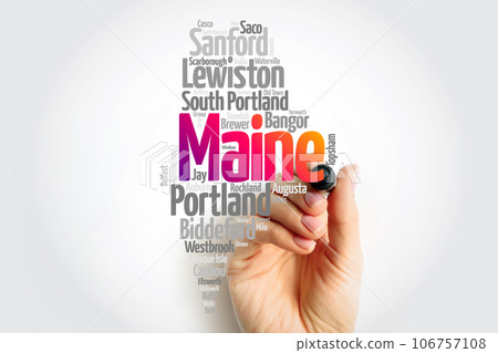 List of cities and towns in Maine USA state, map silhouette word cloud map concept 106757108