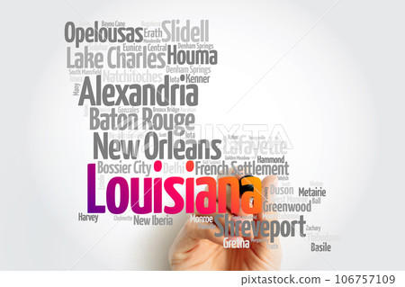 List of cities and municipalities in Louisiana USA state, map silhouette word cloud map concept List of cities and municipalities in Louisiana USA state, map silhouette word cloud map concept 106757109