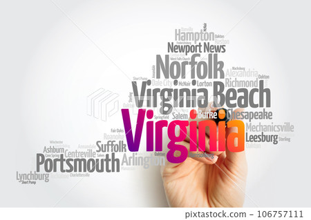 List of cities in Virginia USA state, map silhouette word cloud map concept List of cities in Virginia USA state, map silhouette word cloud map concept 106757111
