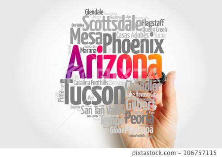 List of cities in Arizona USA state, map silhouette word cloud map concept 106757115