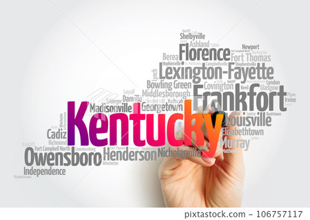 List of cities in Kentucky USA state, map silhouette word cloud map concept 106757117