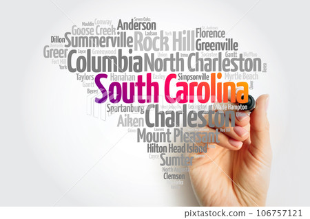 List of cities in South Carolina USA state, map silhouette word cloud, map concept background List of cities in South Carolina USA state, map silhouette word cloud, map concept background 106757121