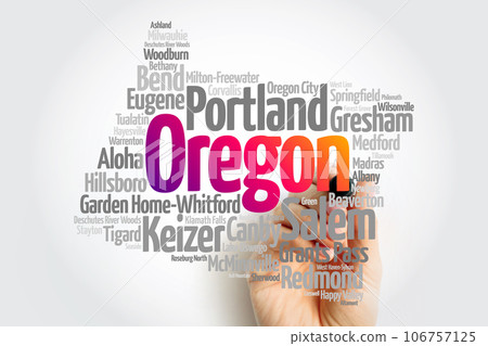 List of cities in Oregon USA state, map silhouette word cloud, map concept background 106757125