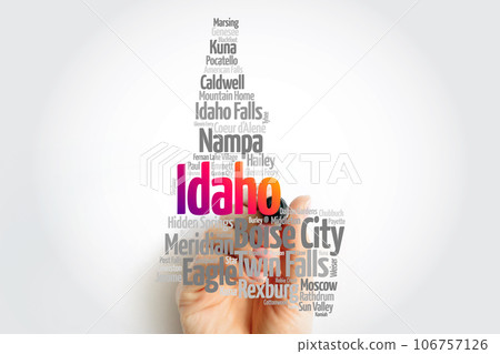 List of cities in Idaho USA state, map silhouette word cloud, map concept background List of cities in Idaho USA state, map silhouette word cloud, map concept background 106757126