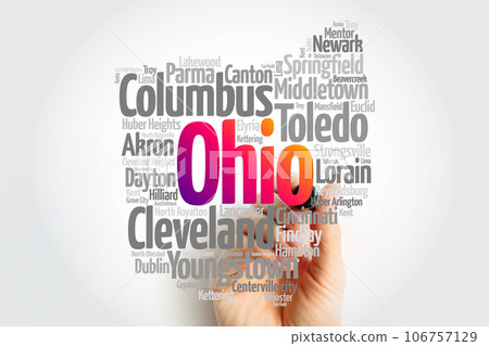 List of cities in Ohio USA state, map silhouette word cloud, map concept background 106757129