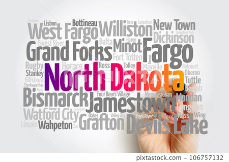 List of cities in North Dakota USA state, map silhouette word cloud, map concept background List of cities in North Dakota USA state, map silhouette word cloud, map concept background 106757132