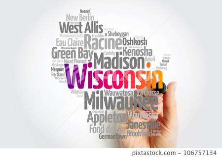 List of cities in Wisconsin USA state, map silhouette word cloud, map concept background 106757134