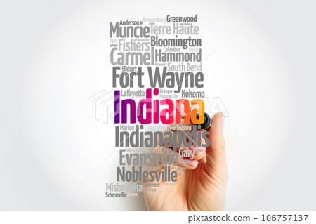 List of cities in Indiana USA state, map silhouette word cloud map concept background 106757137