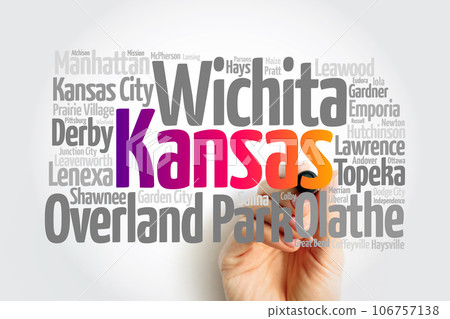 List of cities in Kansas USA state, map silhouette word cloud, map concept background 106757138