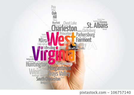 List of cities in West Virginia USA state, map silhouette word cloud, map concept background List of cities in West Virginia USA state, map silhouette word cloud, map concept background 106757140